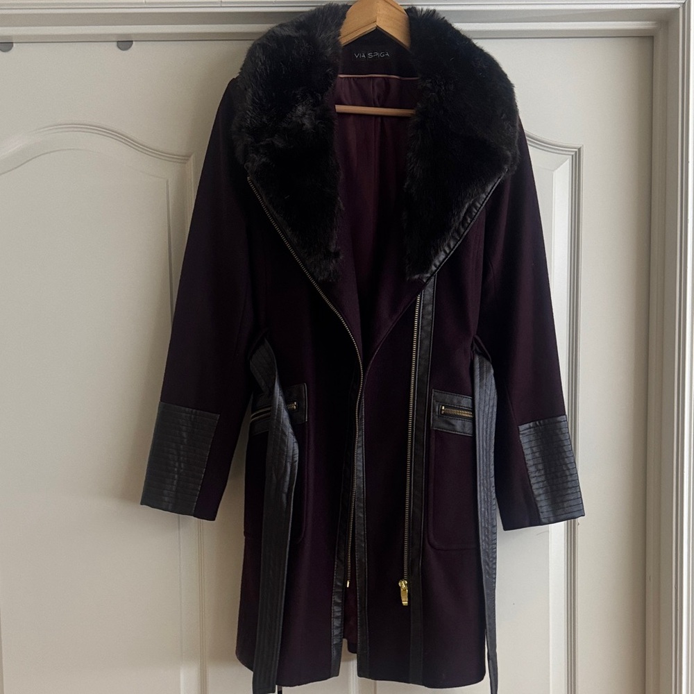 Via Spiga Women's Dark Purple Trench Coat with Black Faux Fur Collar
